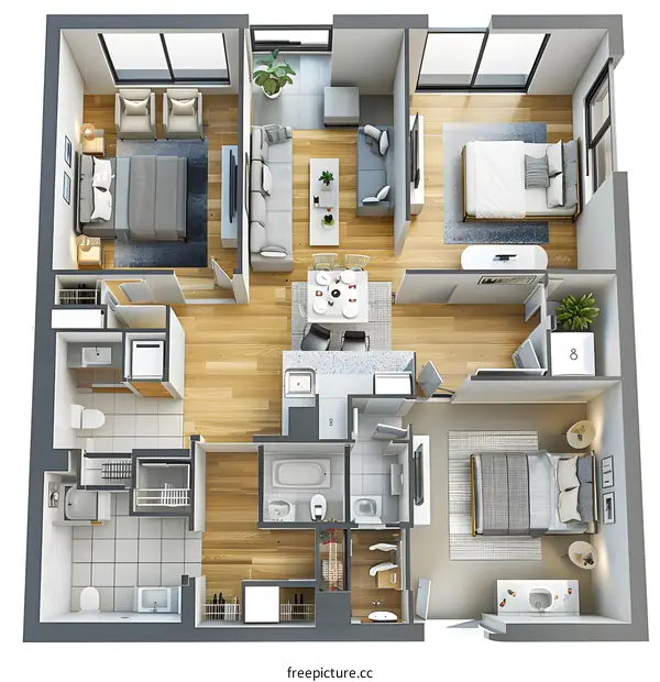 Modern Apartment Floor Plan with Three Bedrooms and Two Bathrooms