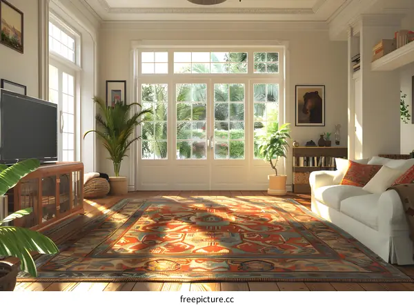 Bright living room with large windows and colorful rug