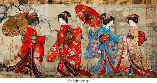 Five Japanese women in traditional kimono with red, blue and white umbrella