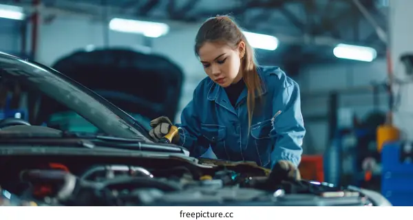 A female mechanic is inspecting a car engine.