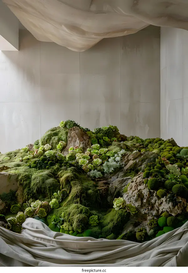 Green Mossy Rocks Installation in Modern Interior