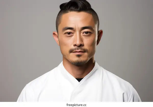 portrait of an Asian male chef in a white chef coat