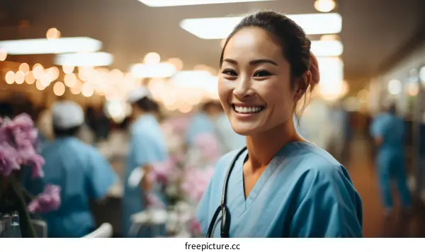 Portrait of a smiling Asian female nurse in a blue uniform standing in a hospital hallway