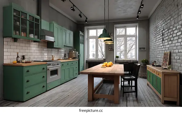 Retro Green Kitchen with Wooden Table