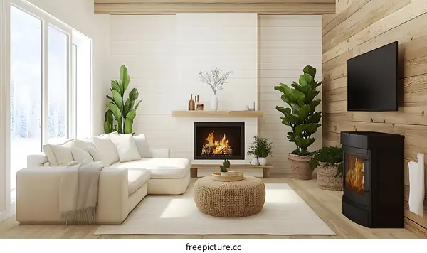 Cozy Modern Farmhouse Living Room with Fireplace and Plants