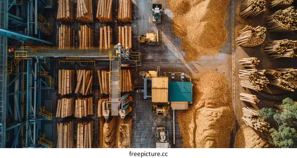 Lumber yard with stacks of logs and wood processing machines