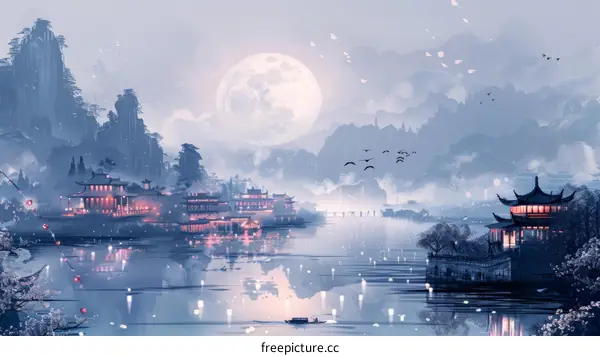 Tranquil River Scene with Chinese Architecture and Full Moon