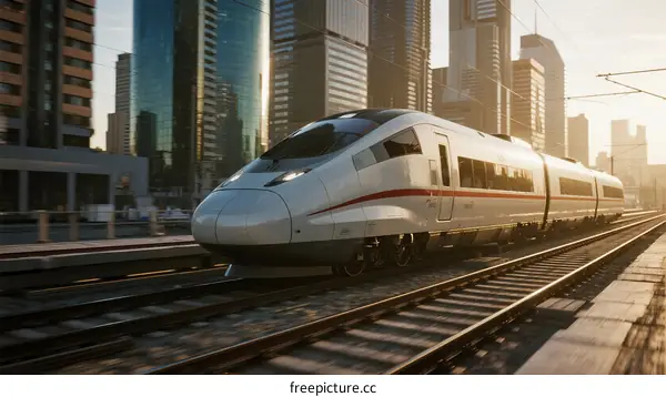 High-speed train moving through modern urban cityscape