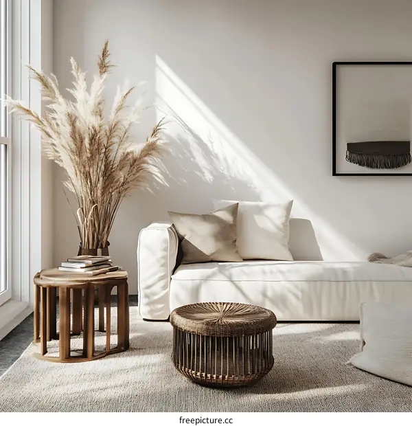 Modern Interior Design with White Couch and Woven Coffee Table