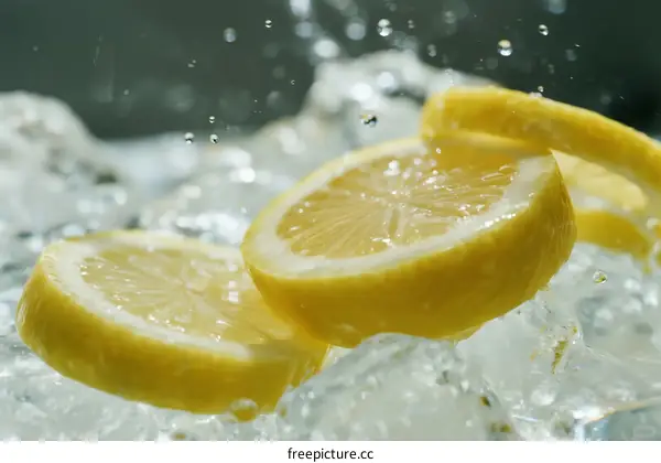 Slices of fresh lemon splashing into clear water creating ripples