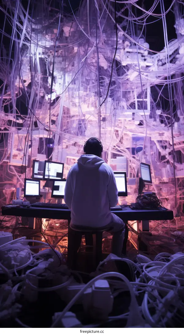Hacker in a Dark Room Surrounded by Computers