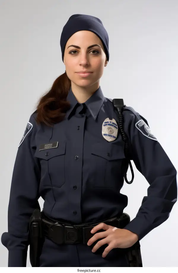 A policewoman in uniform with a gun and a badge