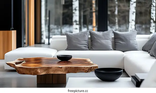 Modern Minimalist Living Room with Wooden Coffee Table