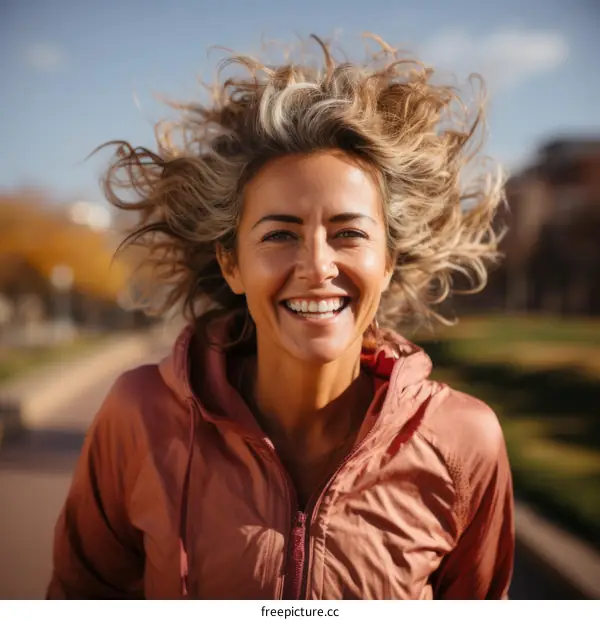 A blonde woman in a pink jacket is smiling and running in a park