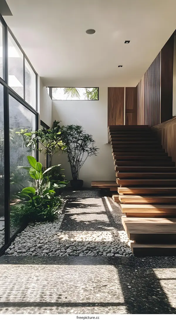 Modern Minimalist Home Interior Design with Wooden Staircase and Pebble Garden