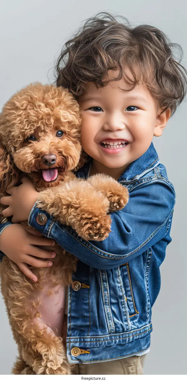 A happy boy hugging a poodle
