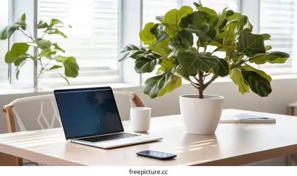 Minimalist Home Office Desk Setup with Laptop, Plant, and Coffee