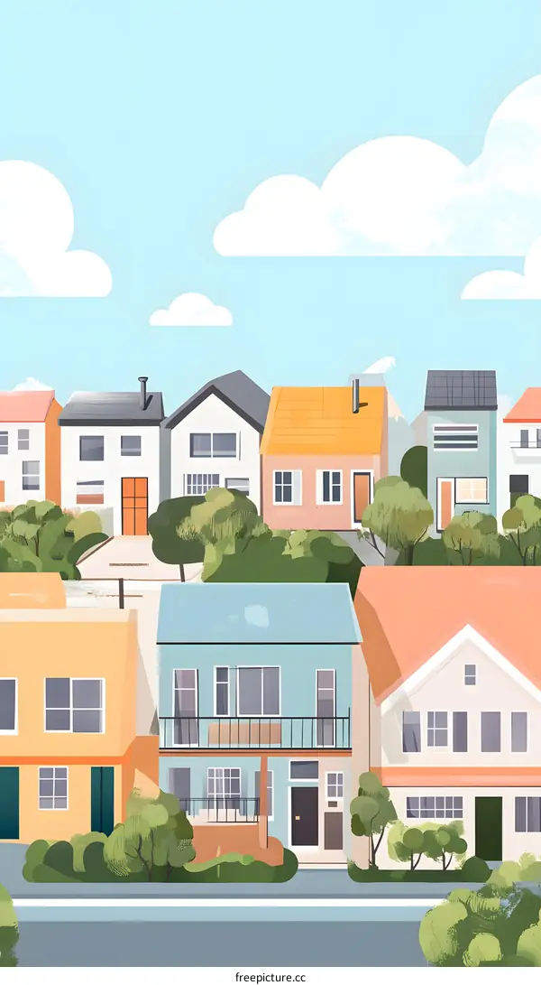 Colorful Houses Illustration with Blue Sky and White Clouds