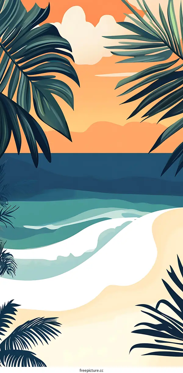 Tropical Beach Sunset with Palm Trees