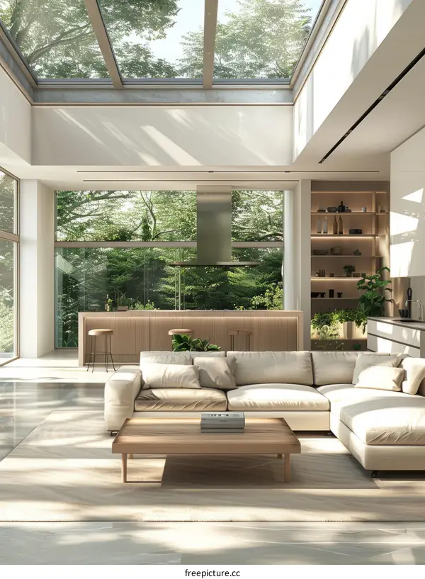 The sunlit living room is decorated in a modern style with large windows and a high ceiling