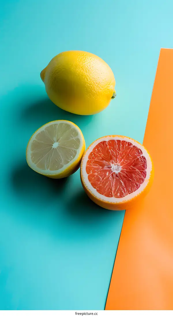 Whole Lemon and Sliced Lemon and Grapefruit on a Turquoise and Orange Background