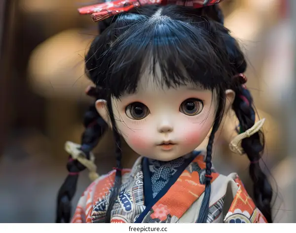Japanese Doll with Black Hair and Traditional Clothing