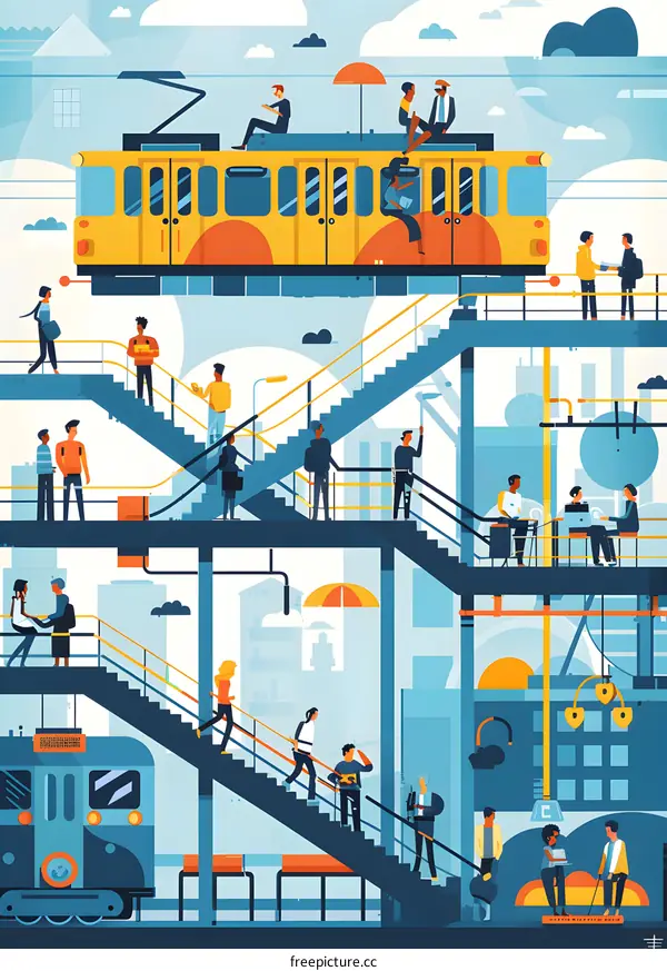 Modern City Life Illustration with People Walking Up Stairs and Riding a Train