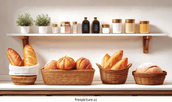 Bakery Display Shelf with Bread and Supplies
