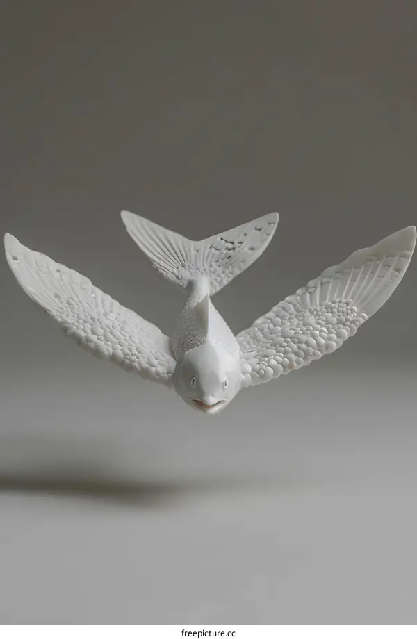 A 3D rendering of a white fish with wings made of coral