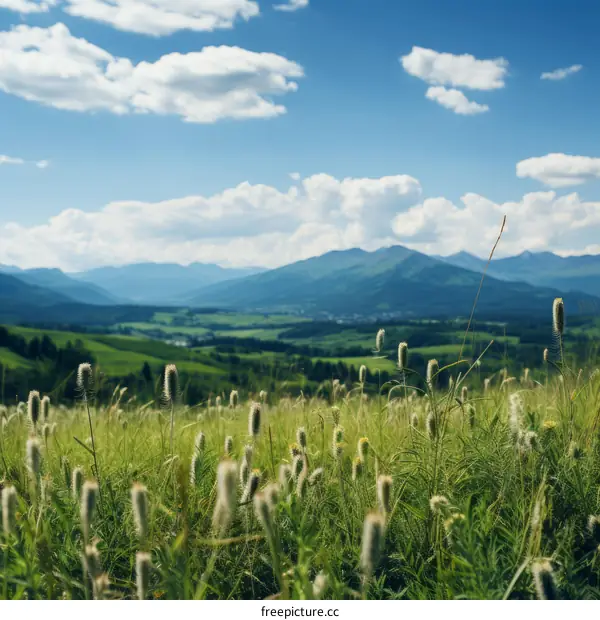 Green Grass Field with Mountains in the Background