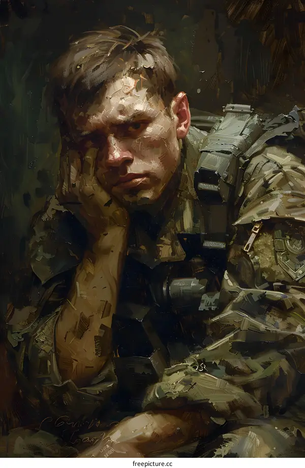 A portrait of a soldier wearing a military uniform and a backpack, painted in a realistic style