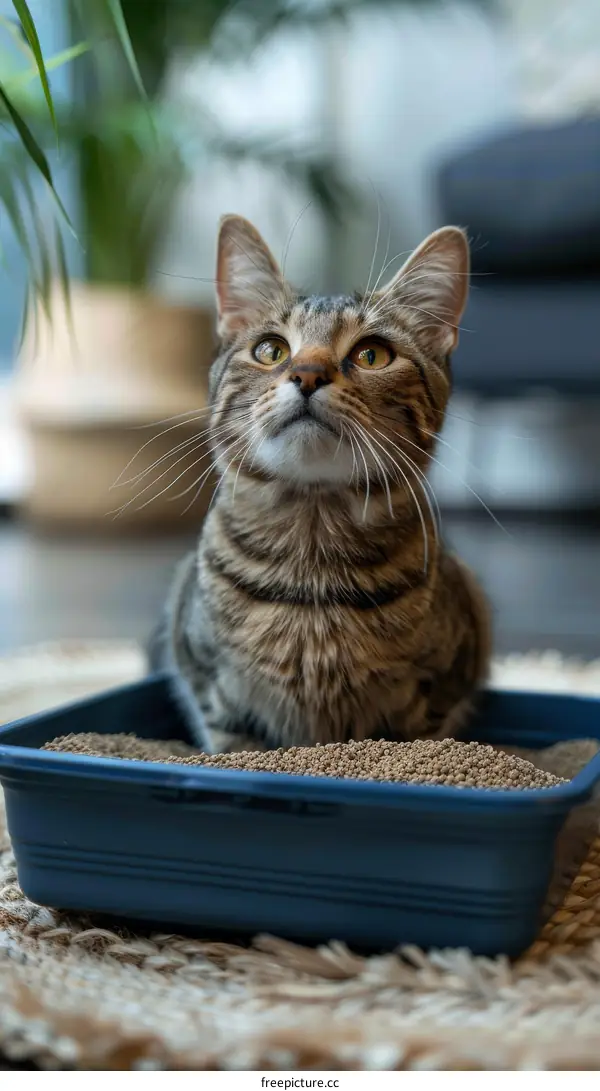 A cat sitting in a litter box looking up