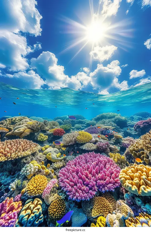 Amazing and beautiful coral reef with many types of fish swimming around