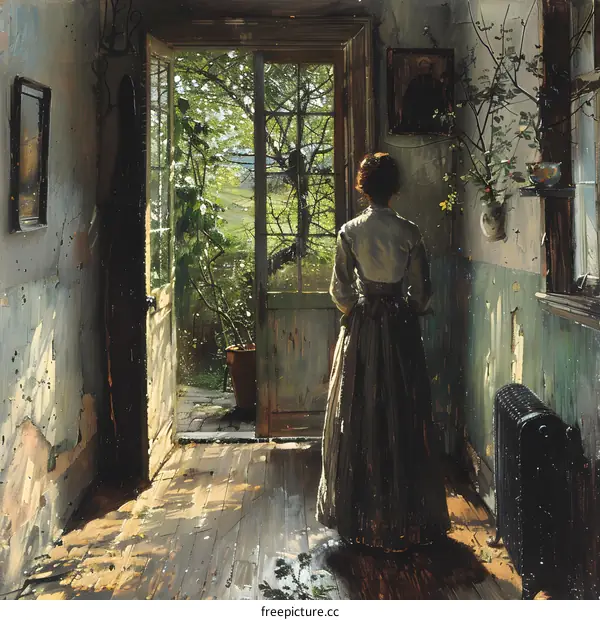 A woman standing in a doorway looking out at a garden