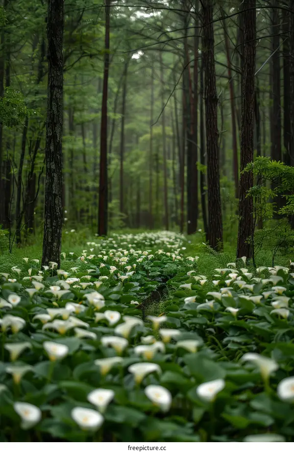 Calla lilies blooming in a forest