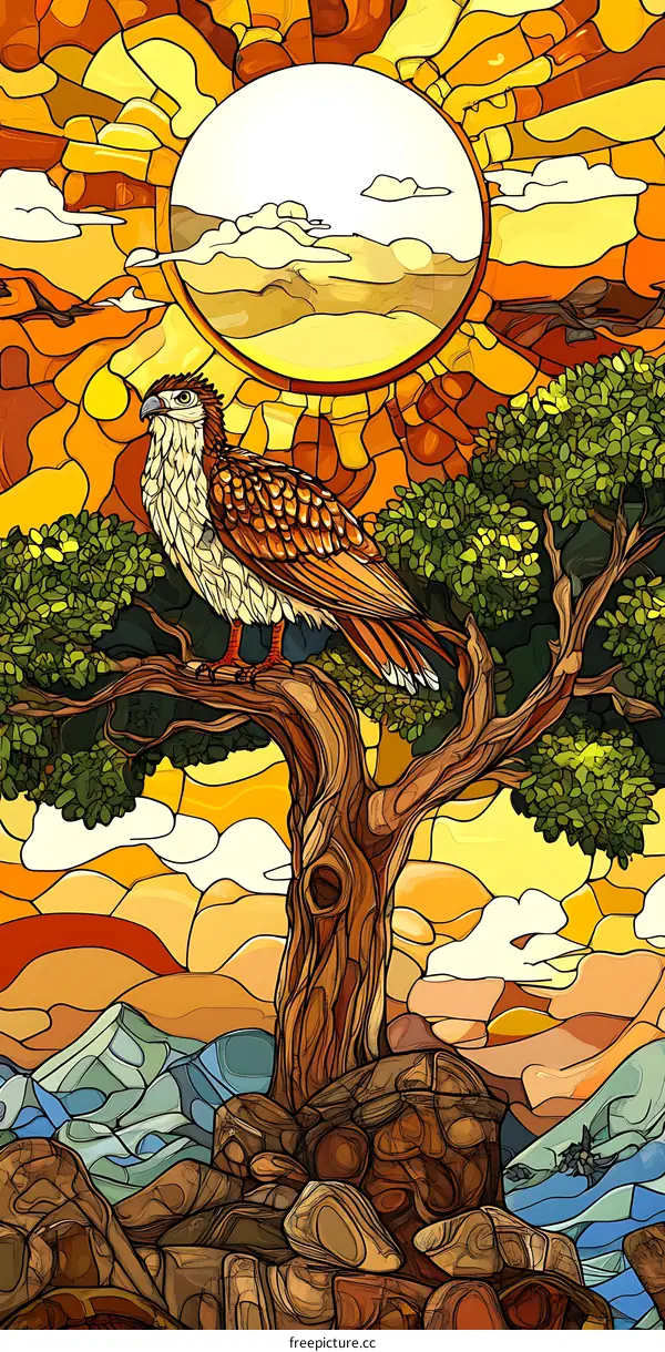 Stained Glass Art of Bird on Branch