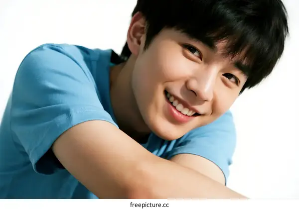 Young man with short black hair wearing a blue T-shirt smiling