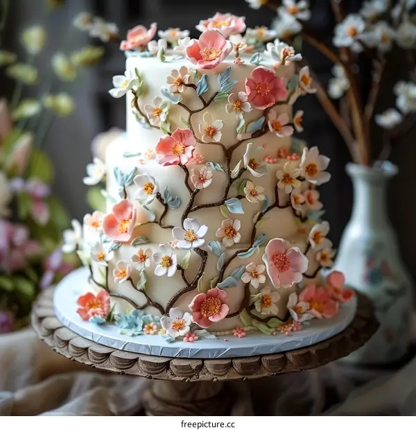 Elegant Three-Tier Wedding Cake with Pink and White Flowers