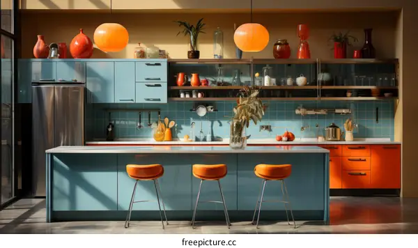 Blue and orange retro kitchen with large island and stools