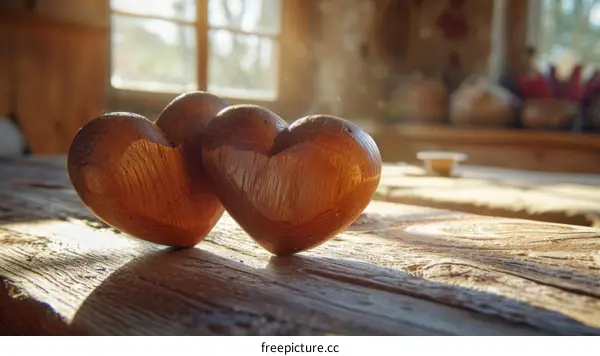 Two wooden hearts on a wooden table in front of a window