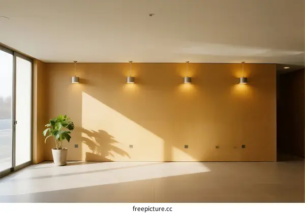 Bright and empty room with large windows and wall lights