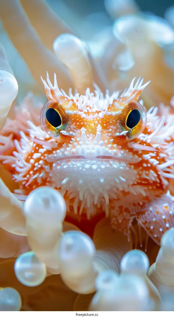 A close up of a red and white hairy frogfish