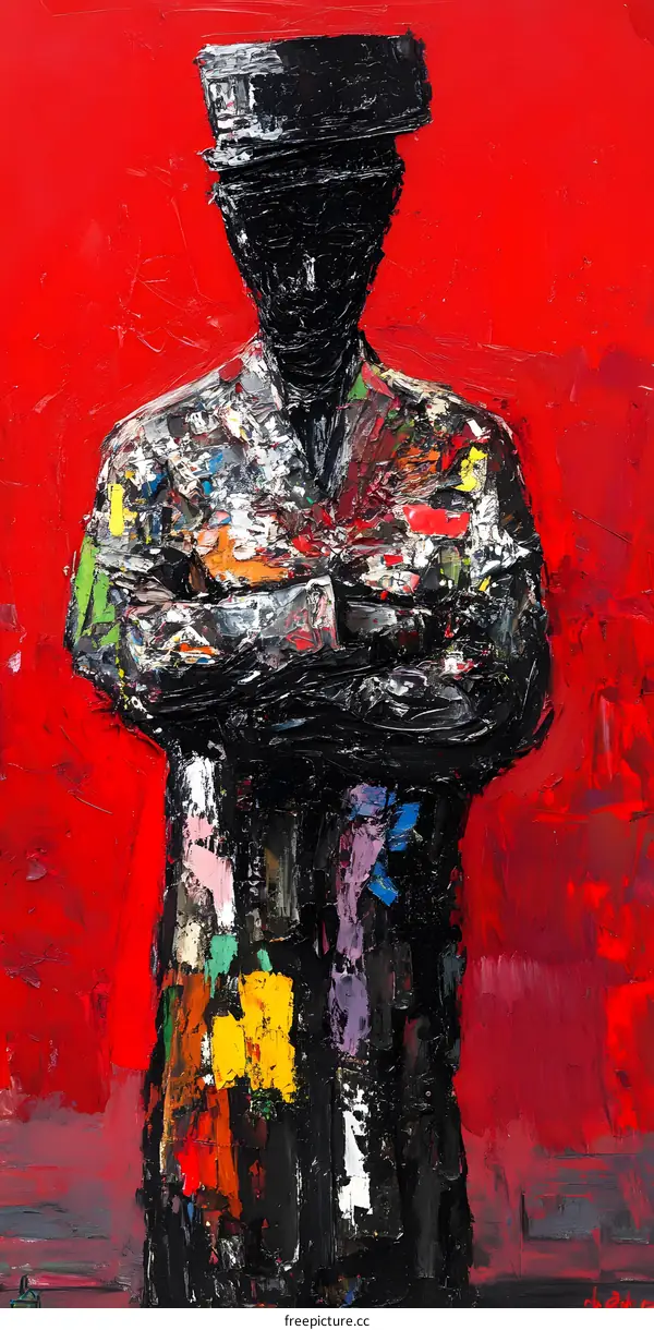 Abstract Oil Painting of a Man in a Hat Standing Against a Red Background