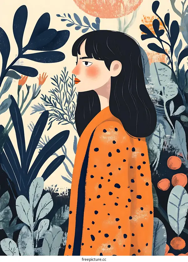 Woman in Orange and Black Polka Dot Dress Standing in a Garden