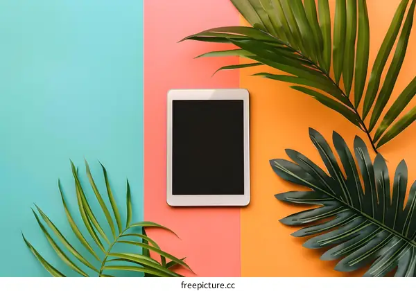 White Tablet Mockup With Palm Leaves on Colorful Background