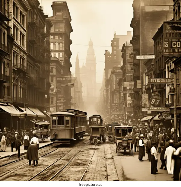 Crowded New York City Street with Horse-Drawn Carriages and Electric Trams in the Early 20th Century
