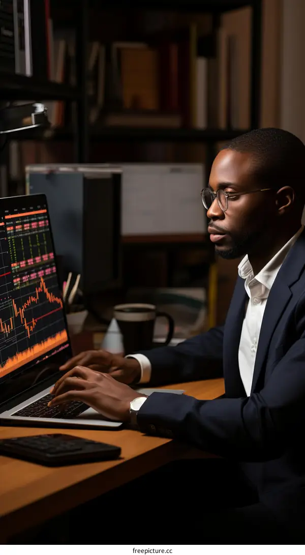 A young African-American man in a suit jacket and glasses works on his laptop in a dimly lit room.