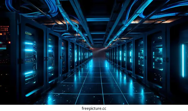 Futuristic server room with blue lights
