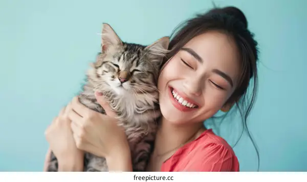 Asian woman hugging a cat