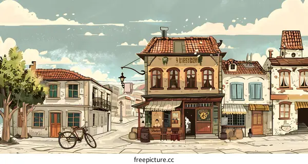 Vintage European Village Street Scene with Cafe and Bicycle Illustration